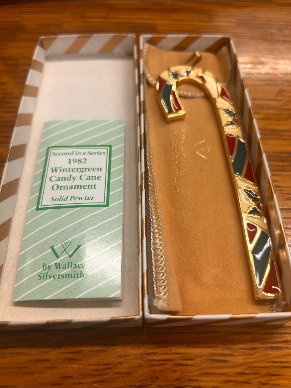 Vintage Wallace Silversmiths Wintergreen Candy Cane Ornament 1982 Pewter Box